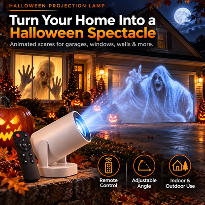 😨Halloween Haunted House Projection Lamp with Remote – Animated Window, Wall & Garage Scare Projector