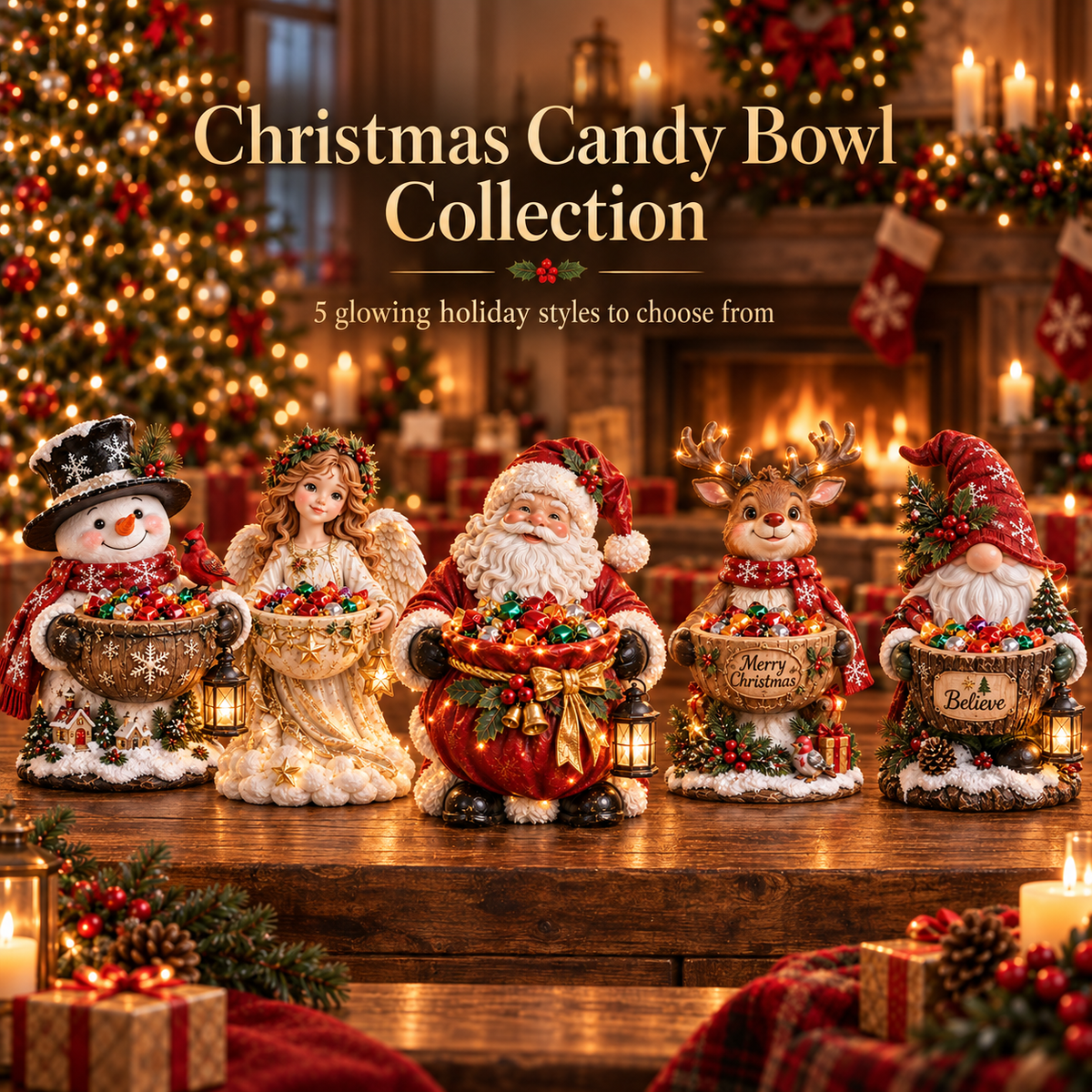 Five lighted Christmas candy bowl character styles