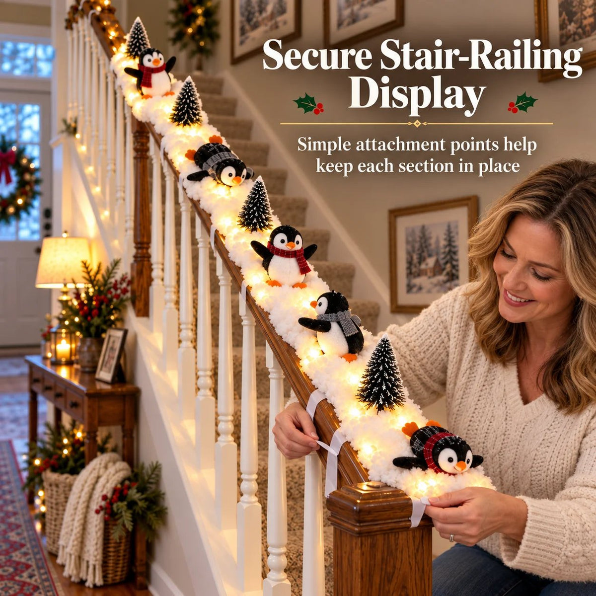 Installing lighted penguin Christmas snow decoration on staircase railing