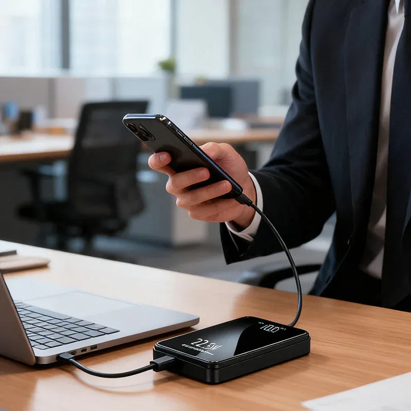Magnetic power bank being used at a work desk