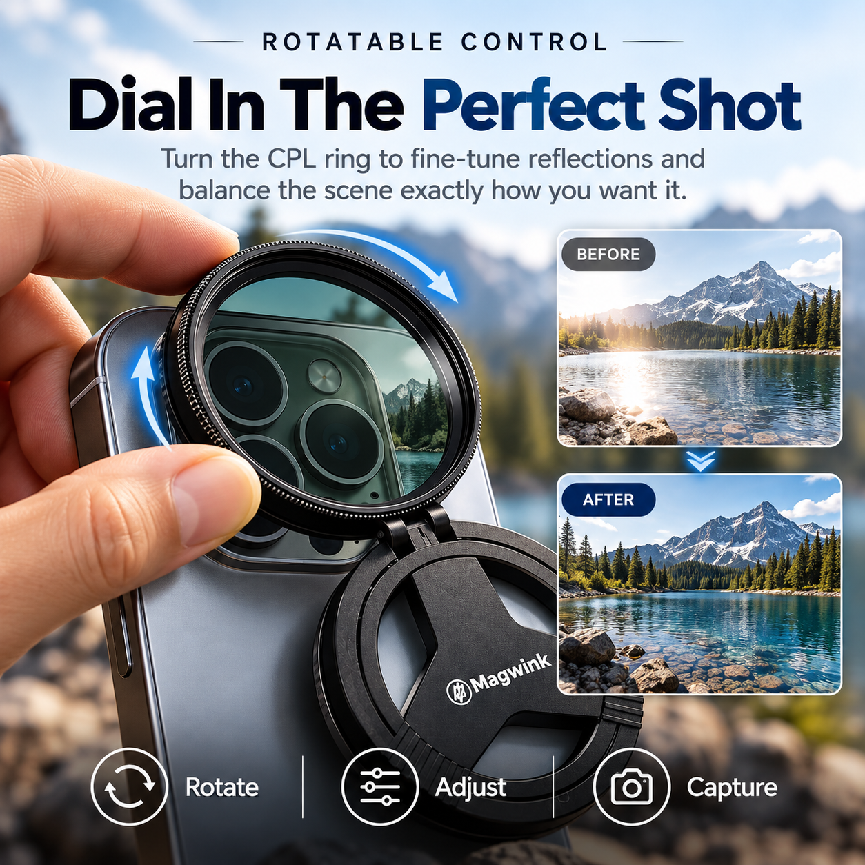 Hand rotating circular polarizer on smartphone with mountain lake before and after reflection comparison