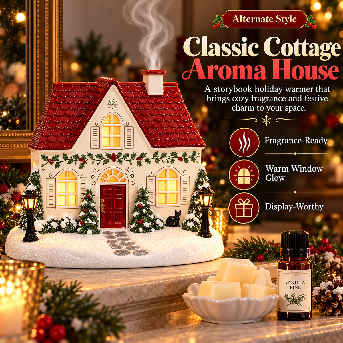 Classic holiday aroma cottage with glossy red sloped roof, cream walls, holly garlands, red front door and illuminated windows