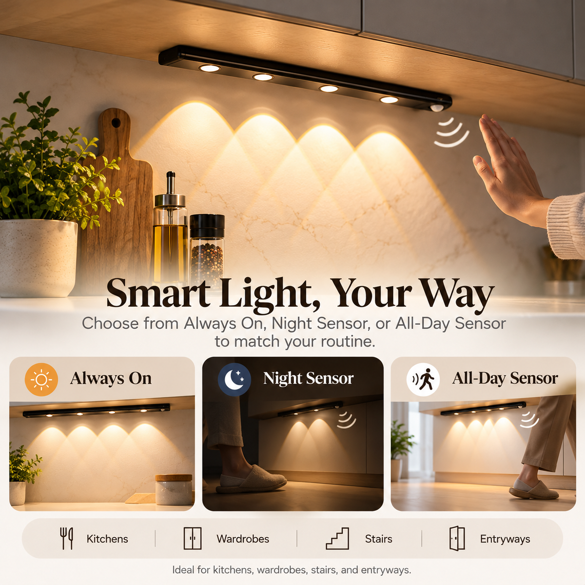 💡✨ Smart LED Motion Sensor Under Cabinet Lights 🚶‍♂️ | 🌈 3 Color Temperatures & 3 Lighting Modes | 🧲 Magnetic Installation 🔋 USB-C Rechargeable | 🏡 Wireless Kitchen, Closet & Home Lighting | 📏 40/50/60cm