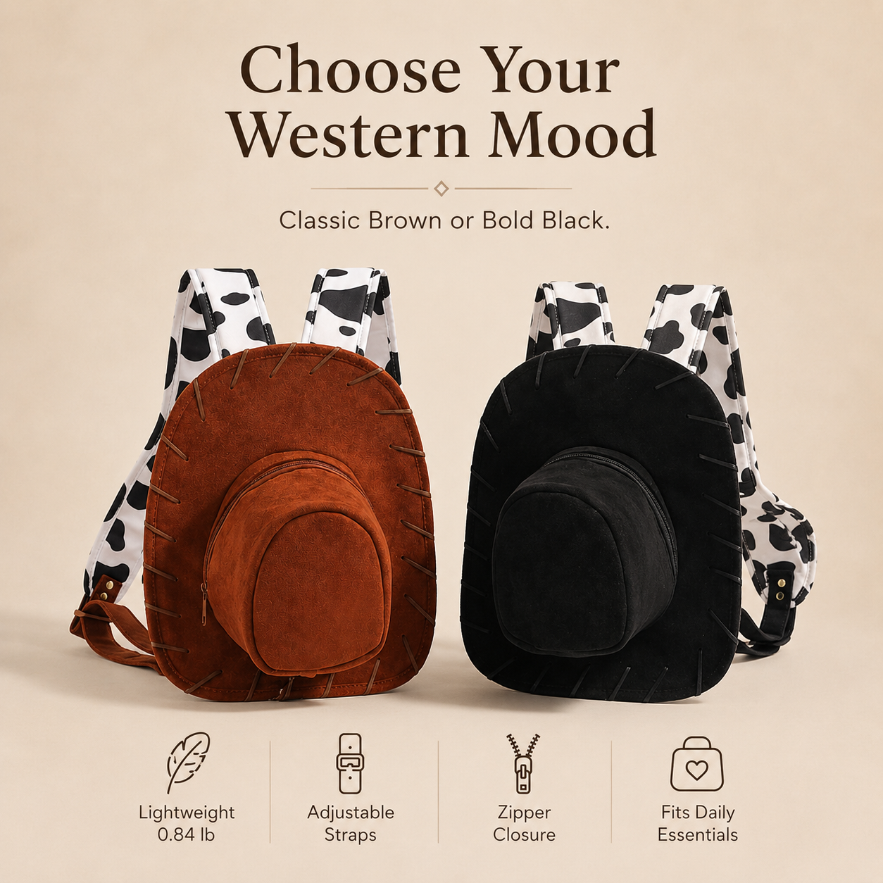 🤠 Western Cowboy Hat Shaped Backpack Cow Print Straps Mini Leather Purse 🎒