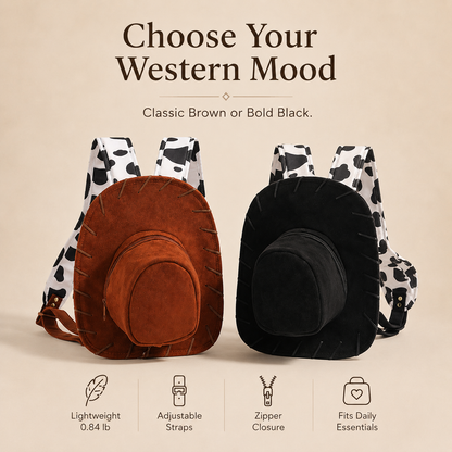 🤠 Western Cowboy Hat Shaped Backpack Cow Print Straps Mini Leather Purse 🎒