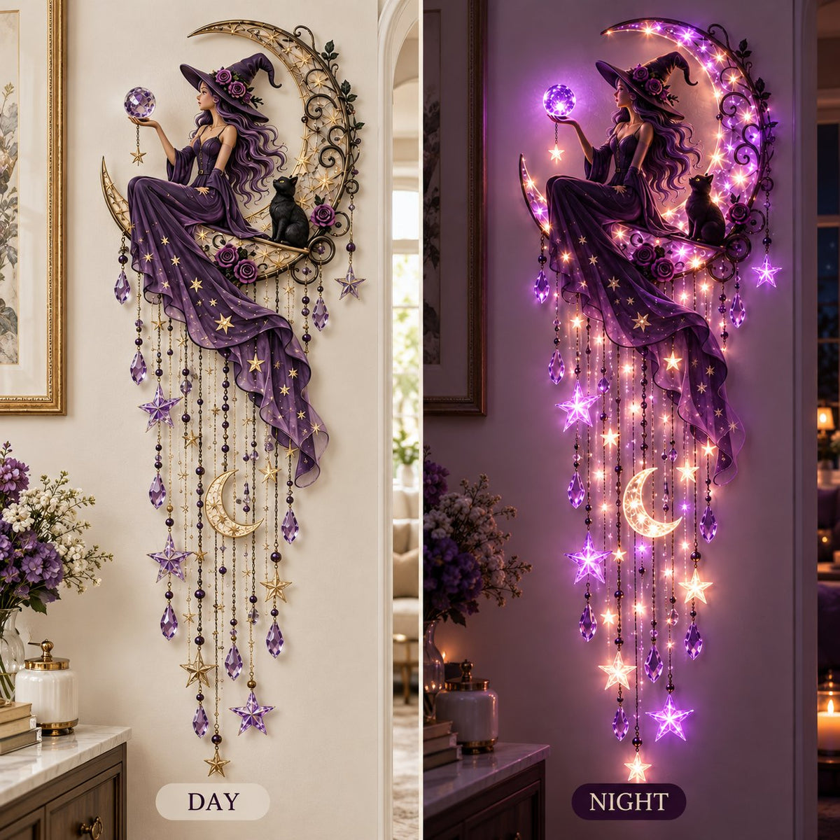 Witch Moon Starfall Wall Light shown during day and glowing purple at night