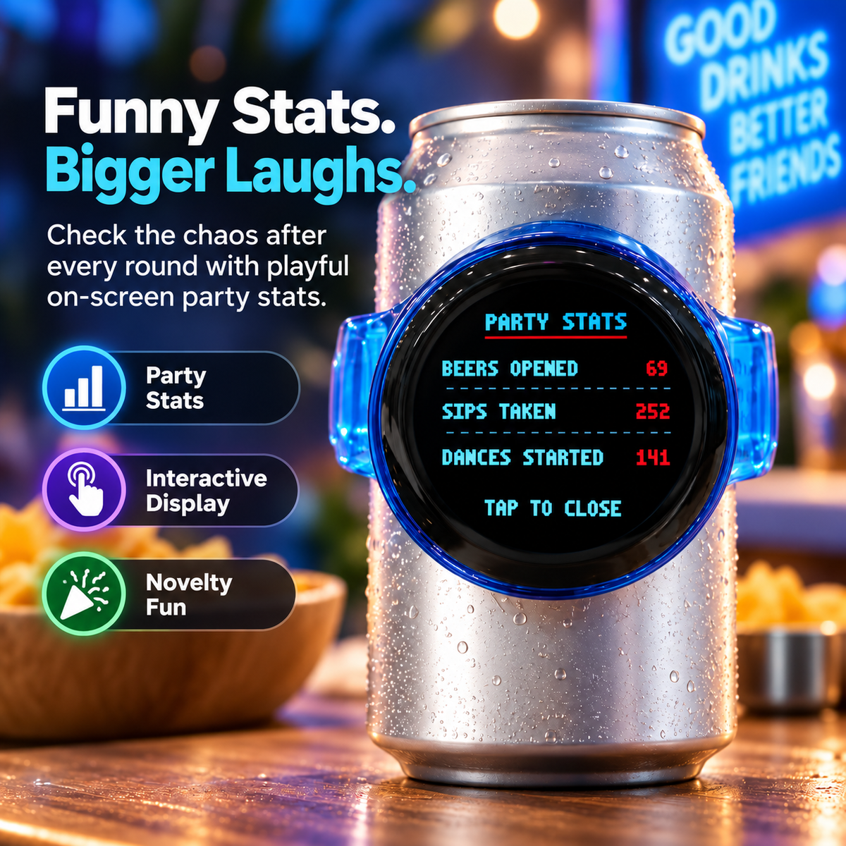 Pixel Party Can Companion showing playful on-screen party statistics