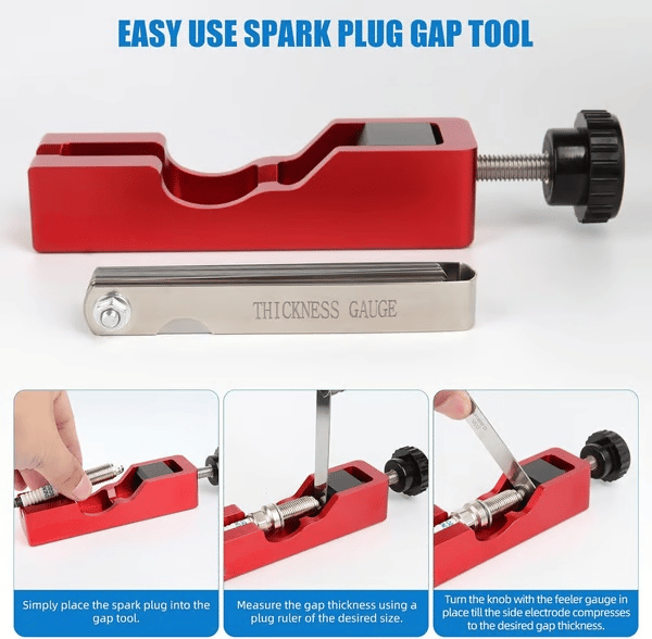 Spark plug adjustment instruction image showing positioning the plug, checking with a thickness gauge and slowly turning the adjustment knob