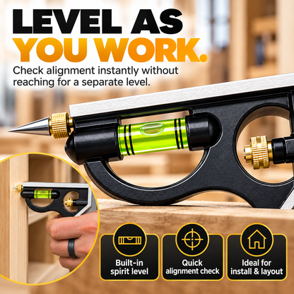 🔥 4-in-1 Multi-Function Woodworking Combination Square 📐🔧 Precision Measuring & Marking Tool 📏✨ with Built-In Bubble Level, 45°/90° Angle Ruler & Scribing Pin 🪚🛠️
