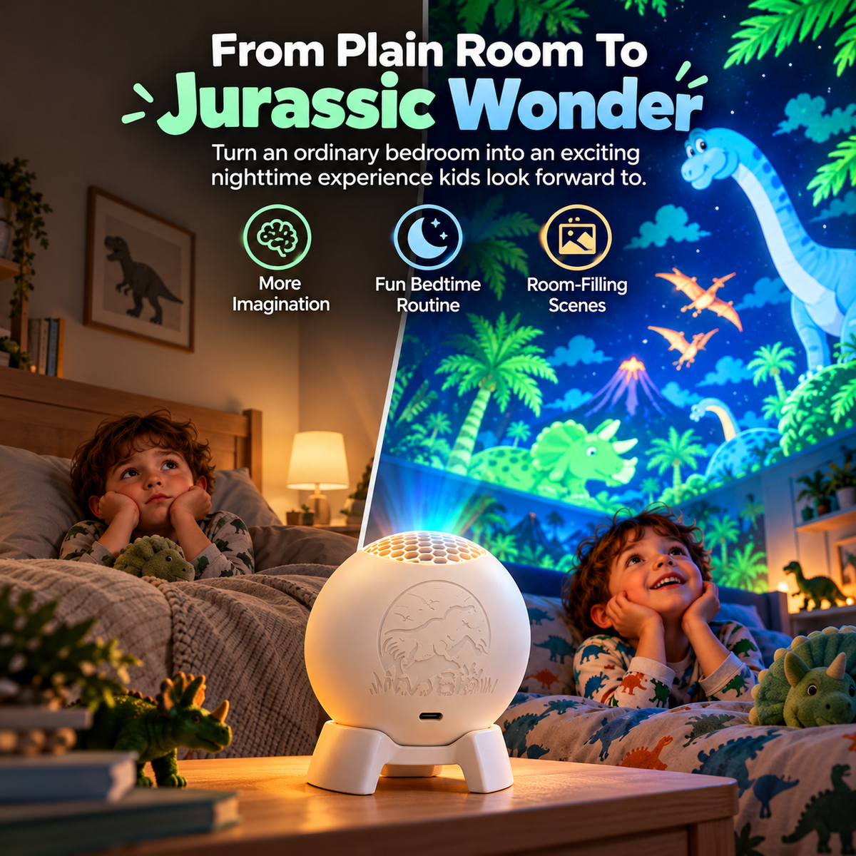 Illustrative before and after view of a plain bedroom and colorful dinosaur projected decor