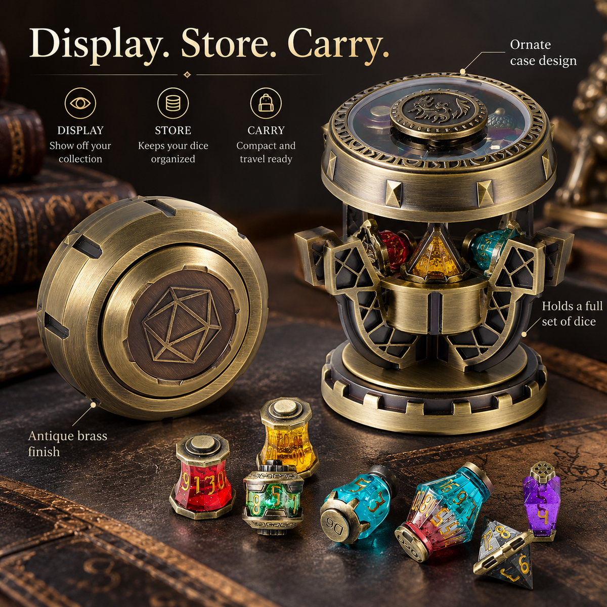 Ornate antique brass dice display case holding full seven-piece dice set