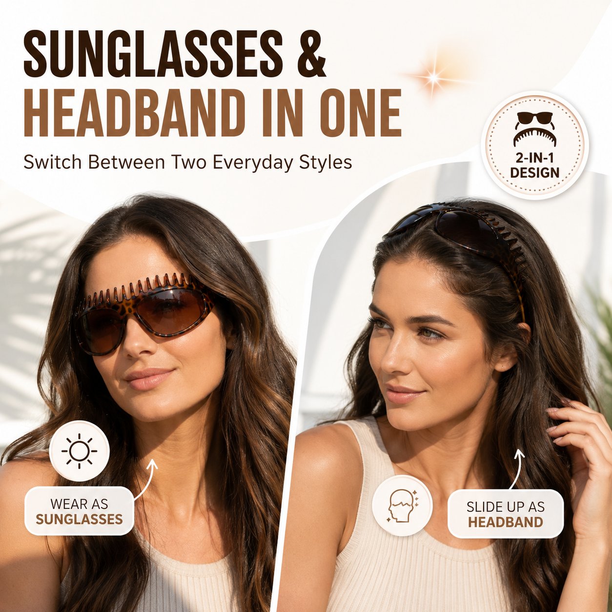 🥇💃 2-in-1 Tortoiseshell Headband Sunglasses – Polarized UV400 Sunglasses with Built-In Comb Teeth