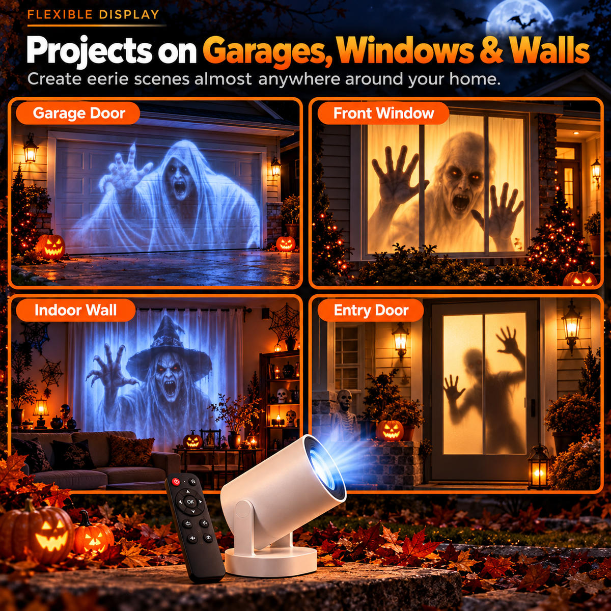 😨Halloween Haunted House Projection Lamp with Remote – Animated Window, Wall & Garage Scare Projector