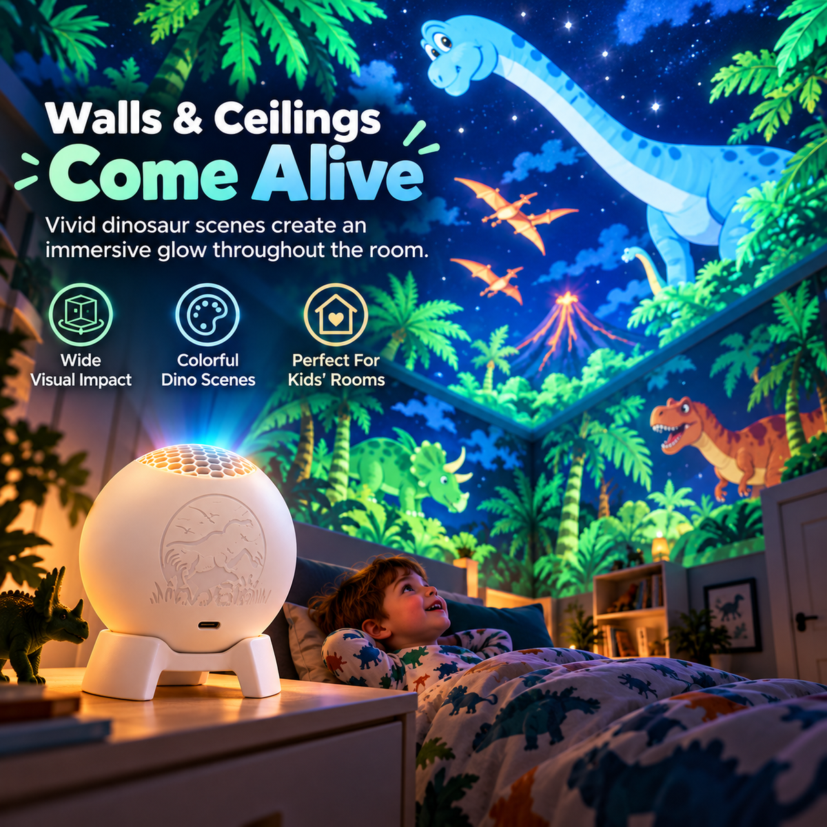 Illustration of colorful dinosaur themed light projected onto bedroom walls and ceiling
