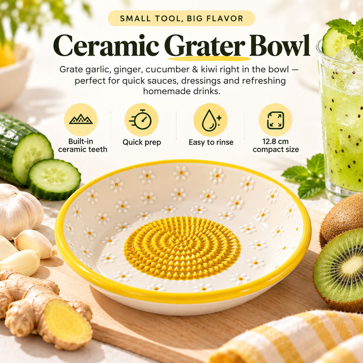 🍽️Ceramic Grater Plate – Daisy Garlic & Ginger Grater for Fresh Sauces, Dressings & More