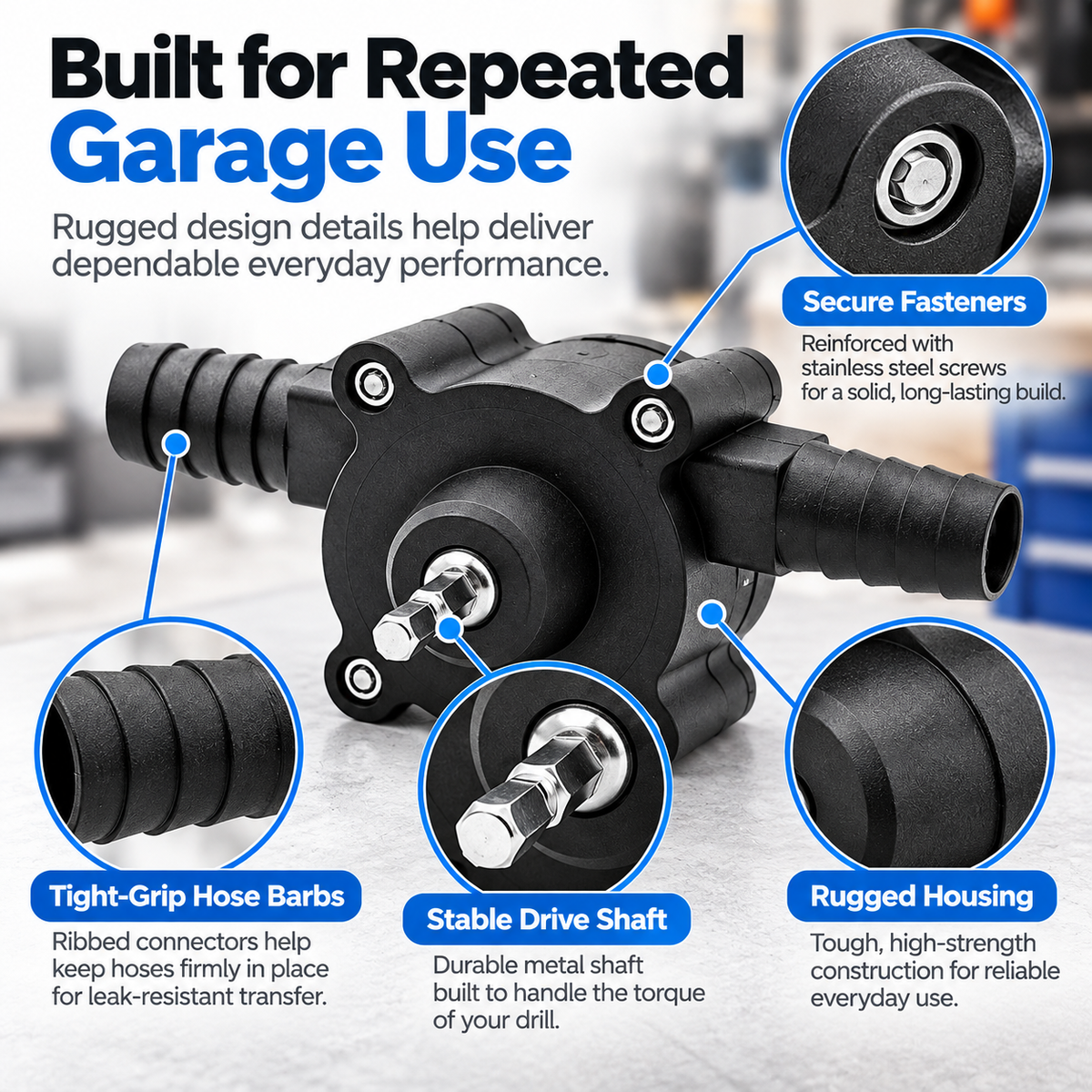 Close-up construction details of drill pump drive shaft ribbed ports and housing screws