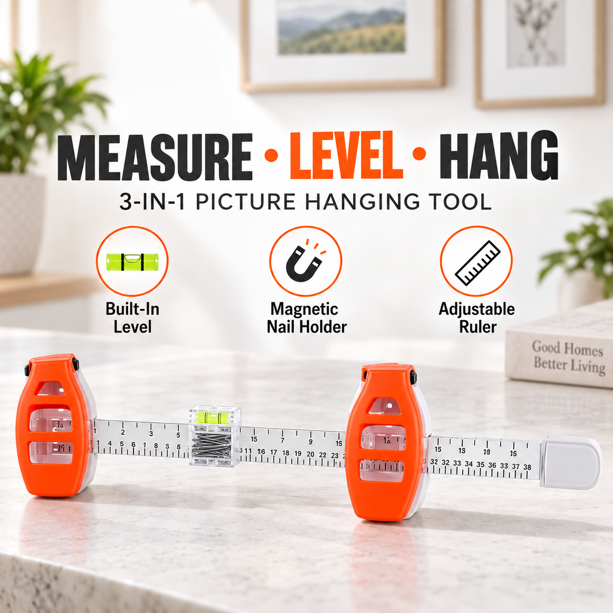 Hang Hero-3-in-1 Picture Hanging Tool, Magnetic Nail Hanger with Level Ruler