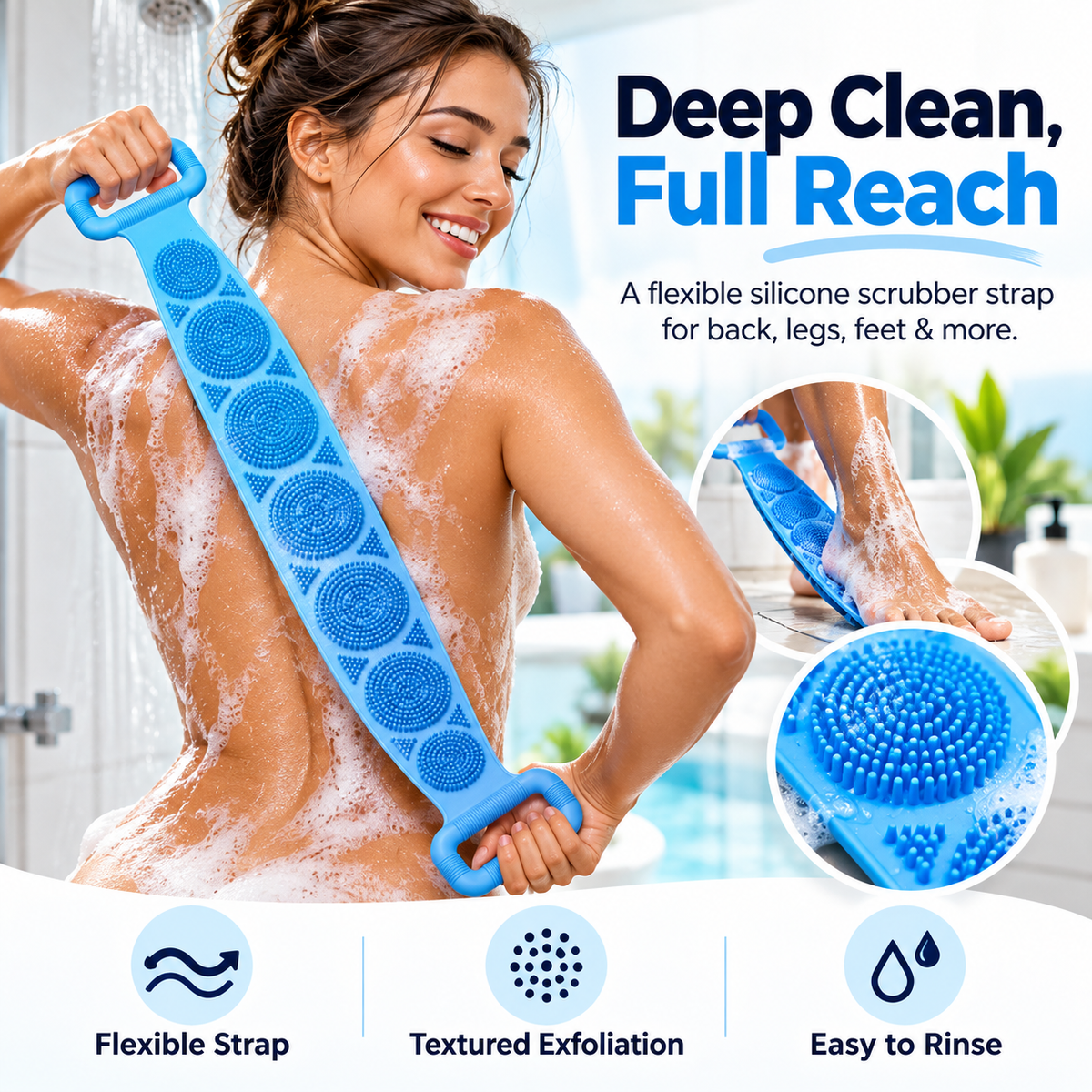 🚿Long-Reach Exfoliating Body Scrubber Strap with Dual Handles