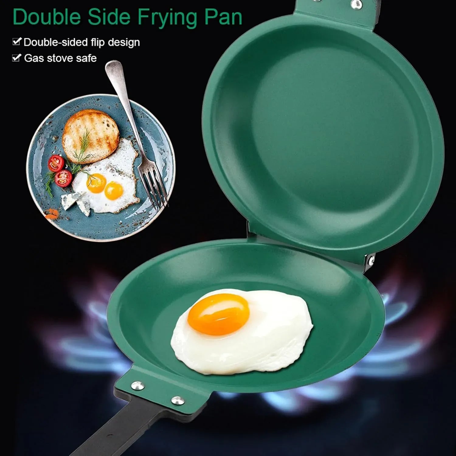 Double-sided green frying pan cooking egg over gas flame