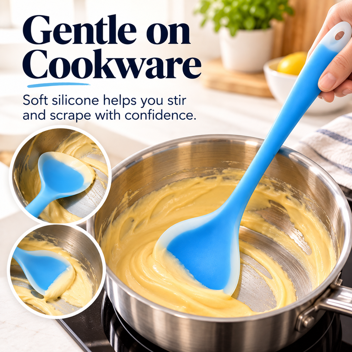 Blue soft silicone scraper being used to gather creamy sauce from the interior of a steel saucepan