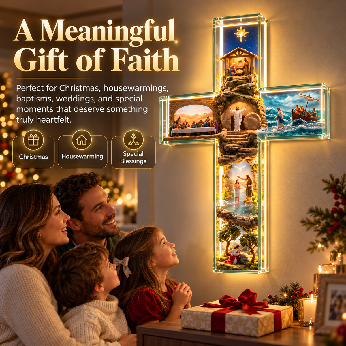 ✝️Illuminated 3D Biblical Story Cross – Warm LED Christian Wall Decor & Meaningful Faith Gift