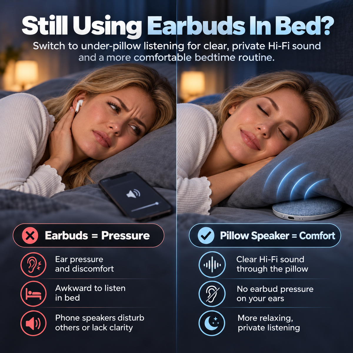 🛏️Ultra-Slim Bluetooth Pillow Speaker – Comfortable Bedtime Listening Without Earbuds