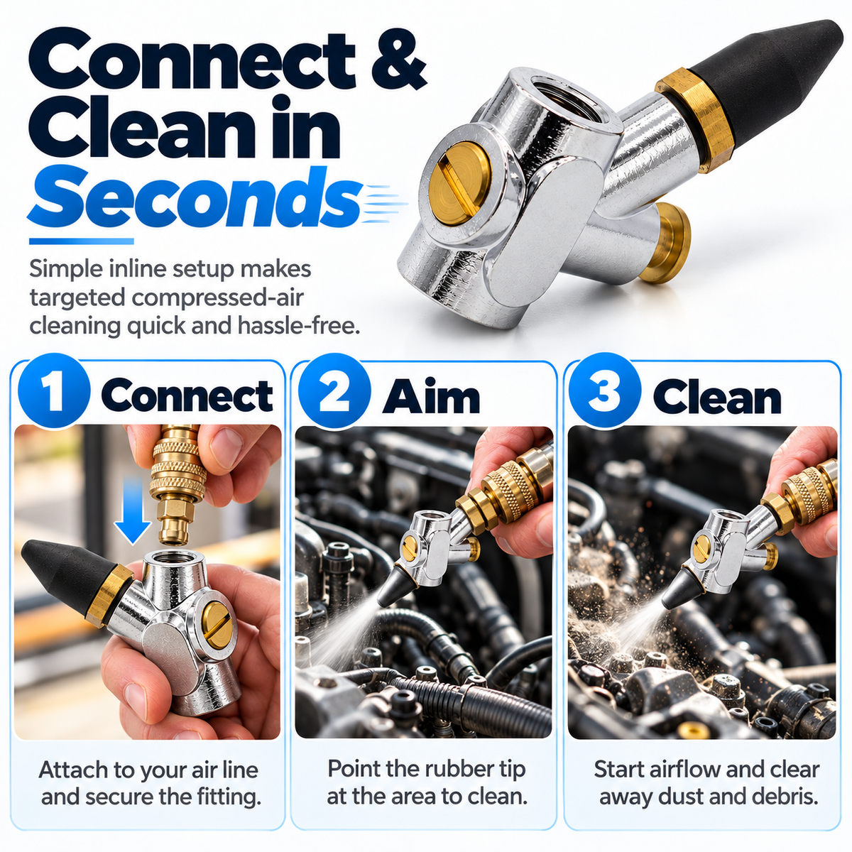 Three-step guide showing air hose connection, aiming and compressed-air cleaning