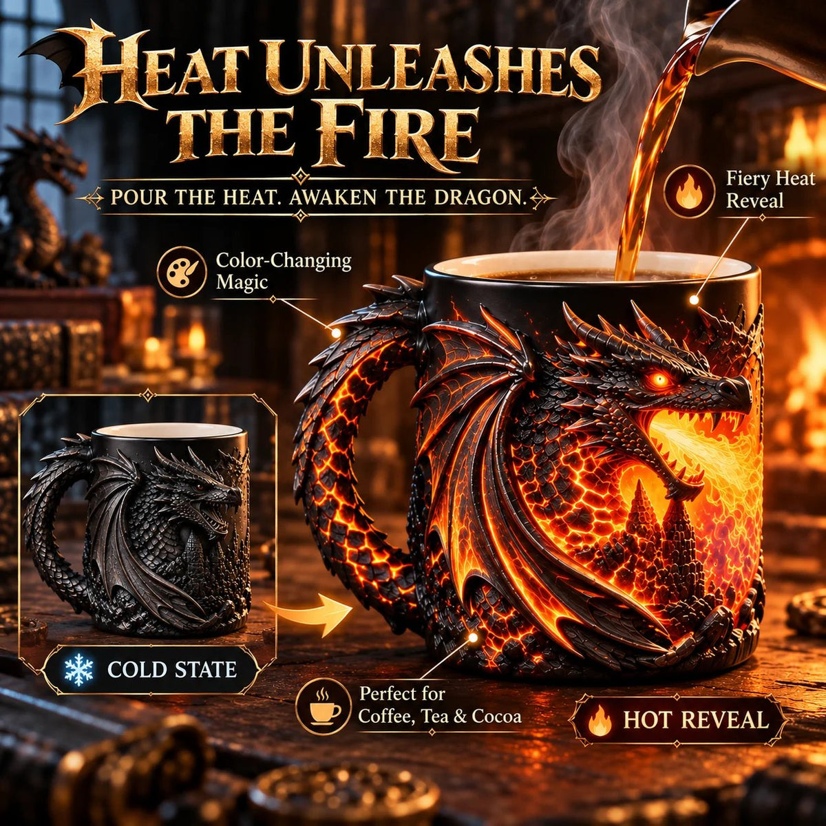 🔥 Last Day 49% OFF 🐉 Dragonfire 3D Heat-Reveal Magic Mug | Add a Hot Drink. Awaken the Dragon