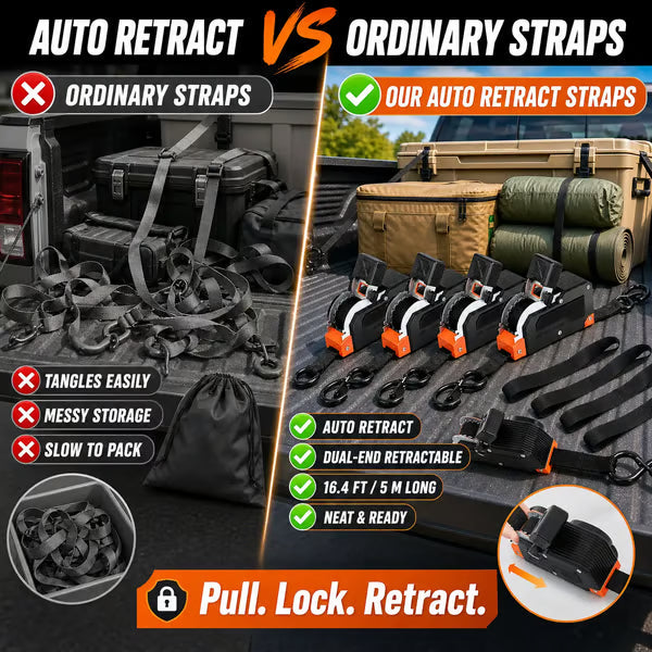 Dual-End Retractable Tie-Down Ratcheting Straps