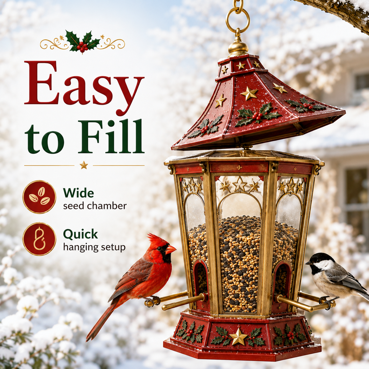 Red and gold Christmas lantern hanging bird feeder