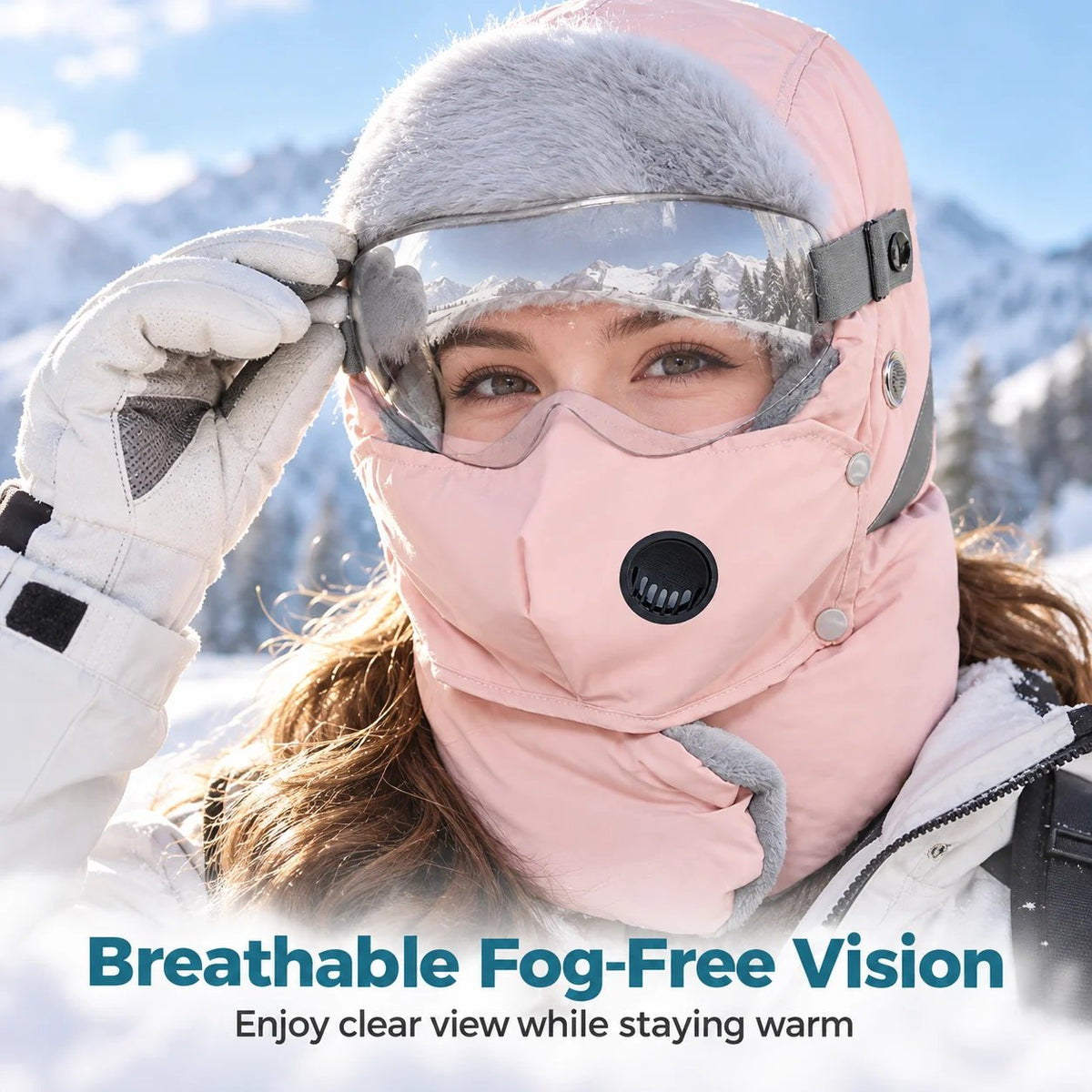Gray thermal winter ushanka with goggles and detachable face covering