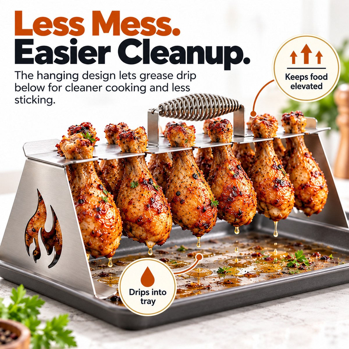 Chicken drumsticks hanging above tray while drippings fall below