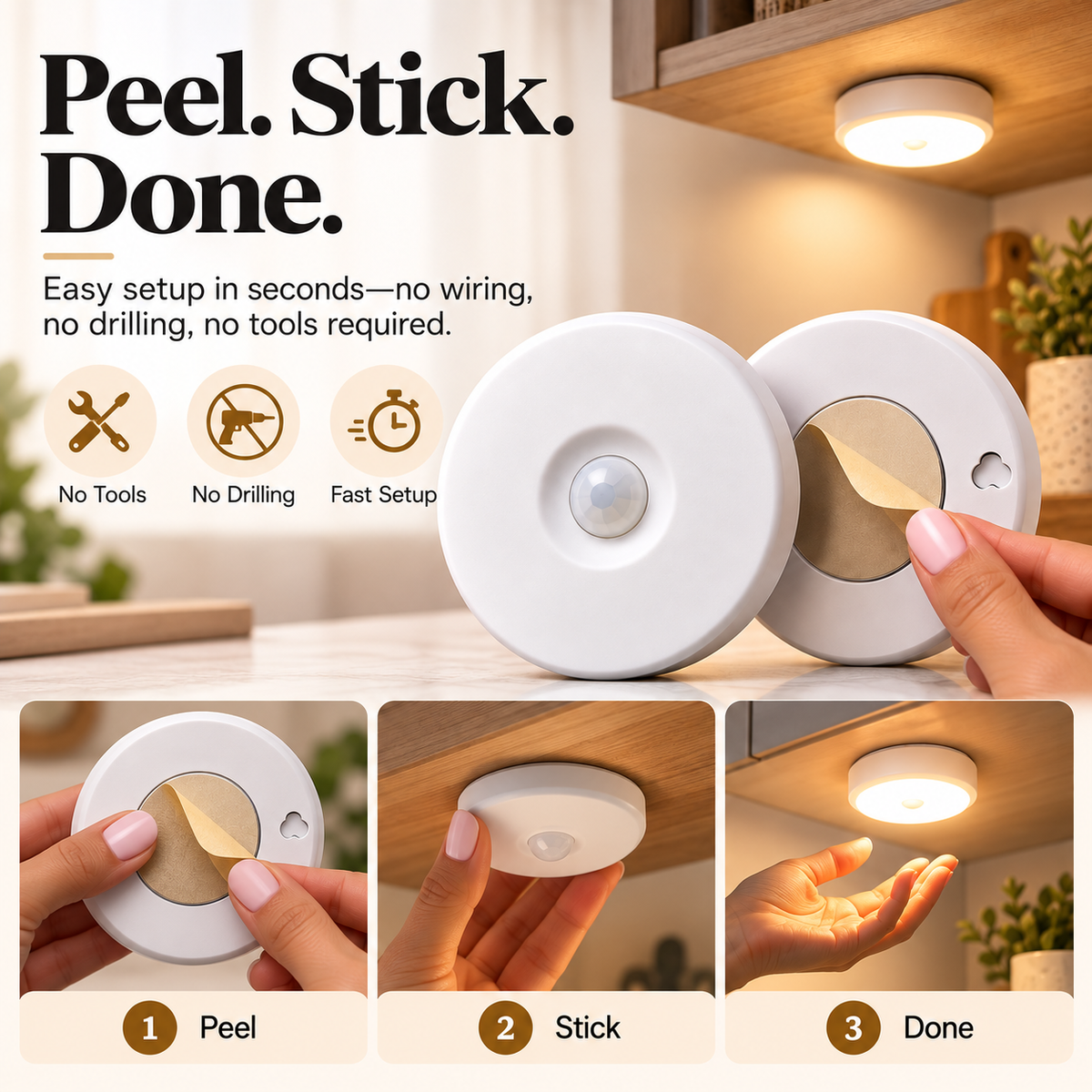 💡✨ Smart Motion Sensor LED Night Lights – Wireless Peel & Stick Automatic Lighting, 2-Pack