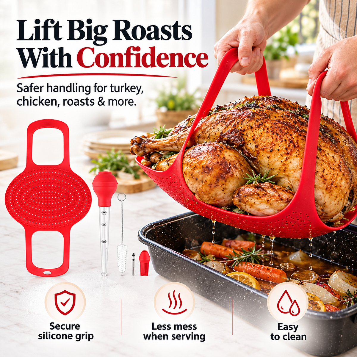 Silicone turkey lifter supporting large roast using two wide handles