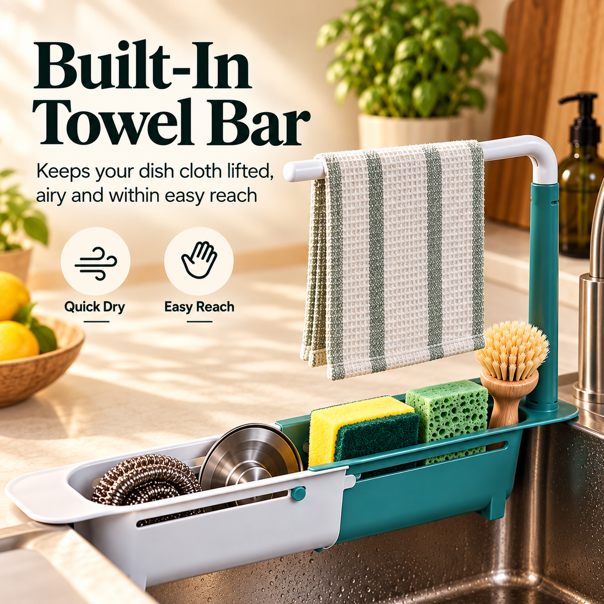 Expandable over sink organizer with a built-in white towel bar holding a checkered kitchen dishcloth above stored sponges and brush