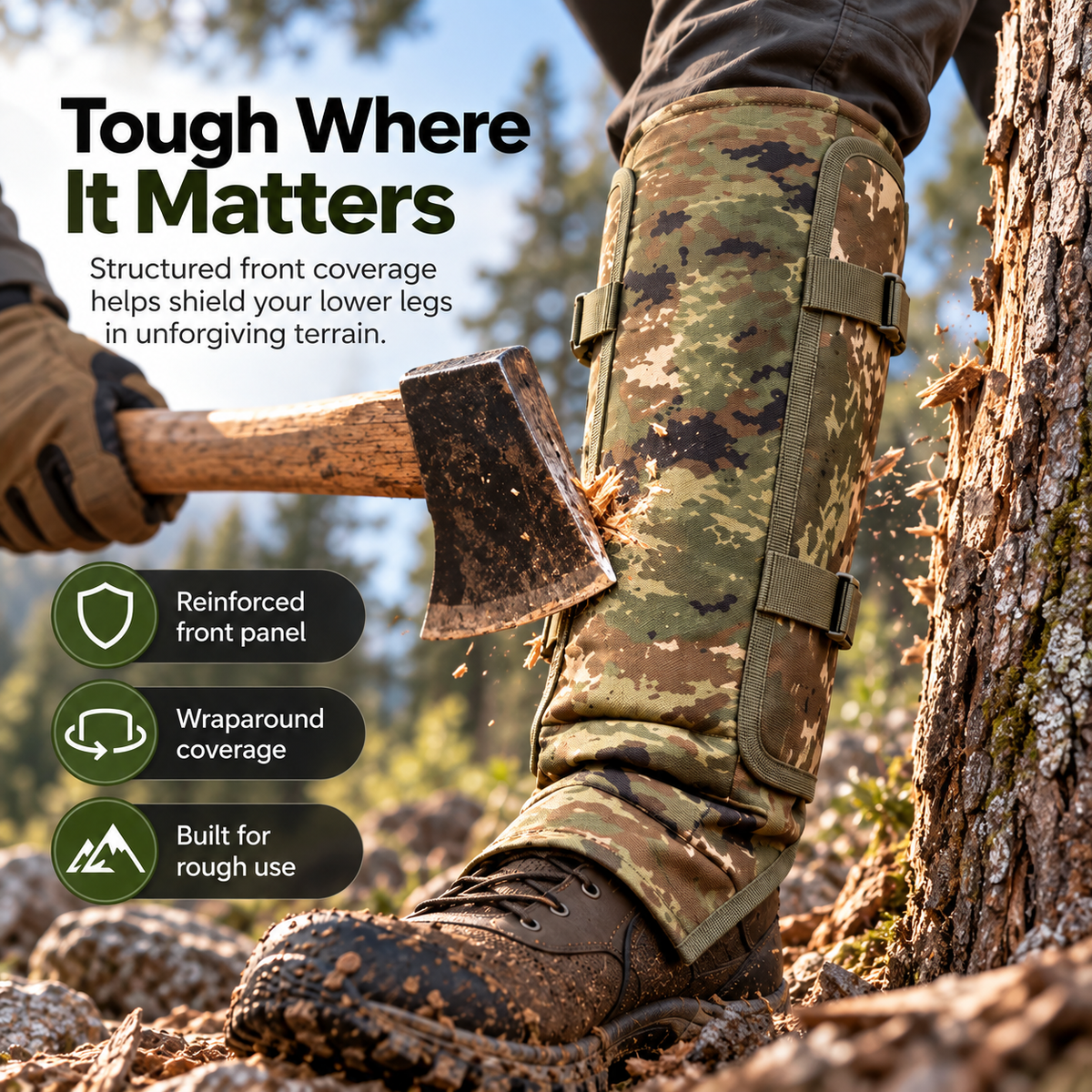 Structured front panel of protective outdoor lower leg gaiter