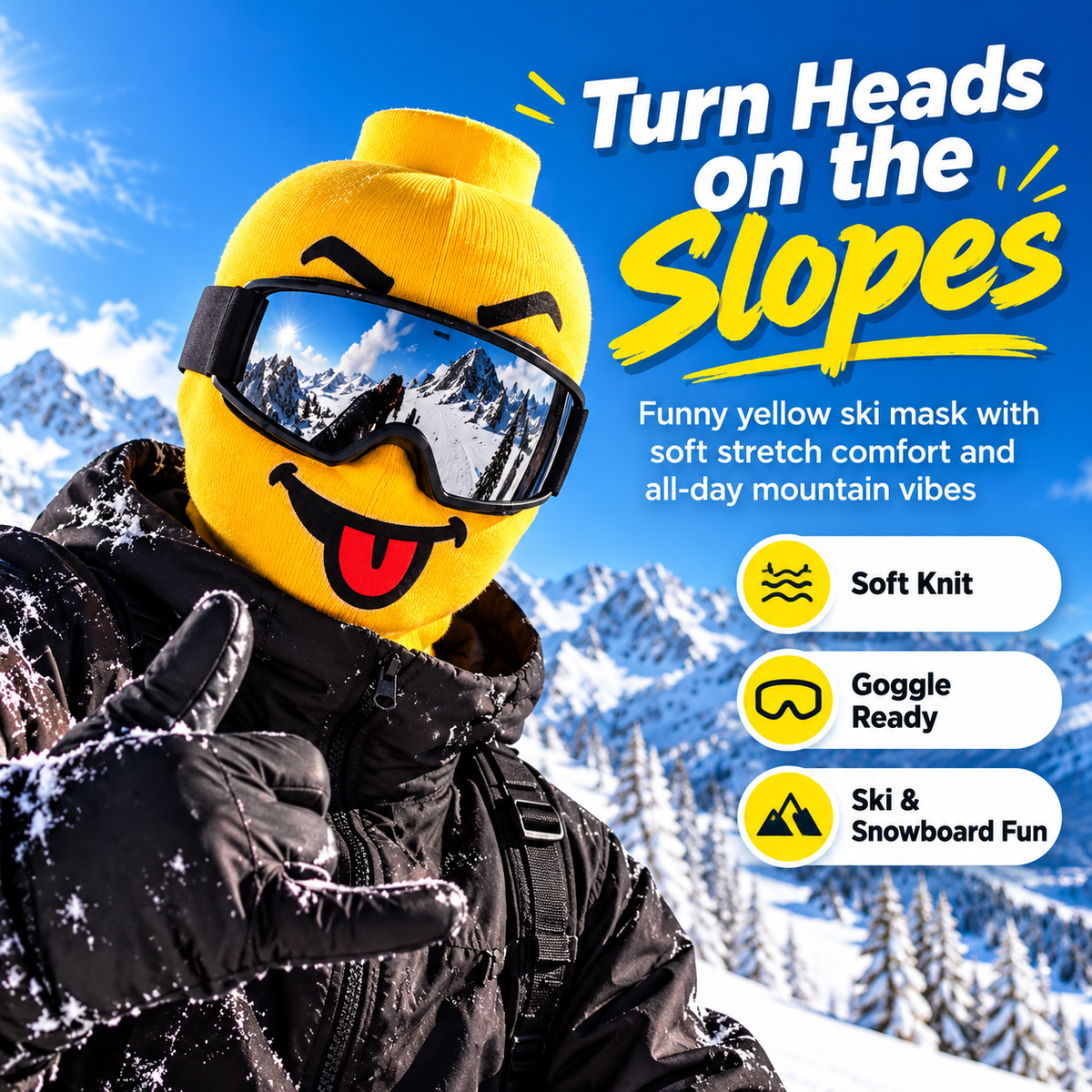 Funny yellow ski mask with snow goggles