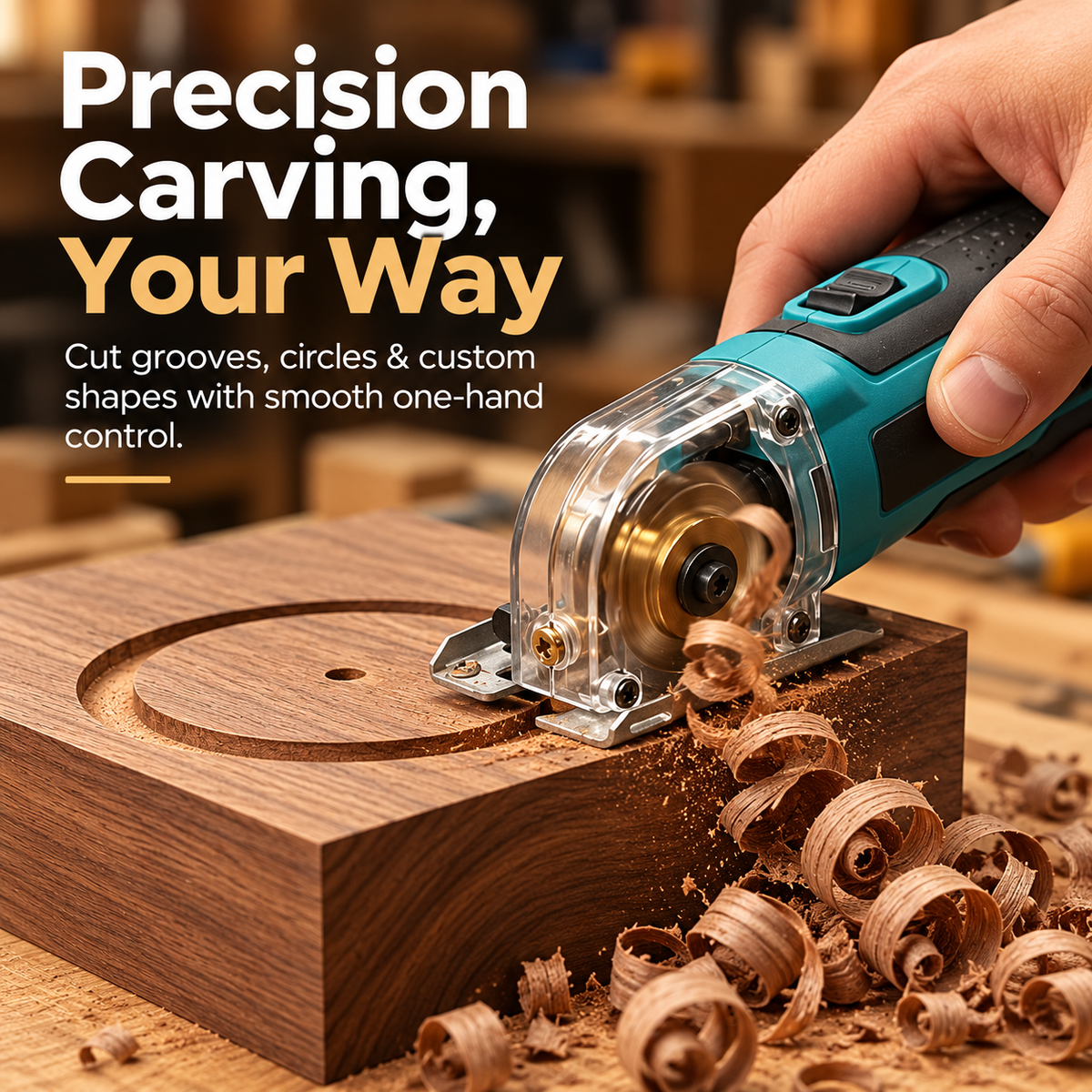 Precision wood carving tool following a smooth circular groove