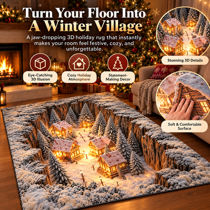 🎄✨ 3D Winter Village Christmas Rug ❄️🏡 Cozy Snowy Cabin 3D Illusion Floor Mat 🏠🔥 Festive Holiday Home Decor 🎁🌟