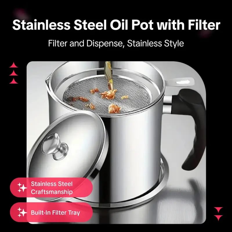 🔥 Hot sell!  Stainless Steel Oil Pot with Filter,Bacon Grease Container, Cooking Oil Can, Kitchenware, Utensils, Kitchen Gadgets