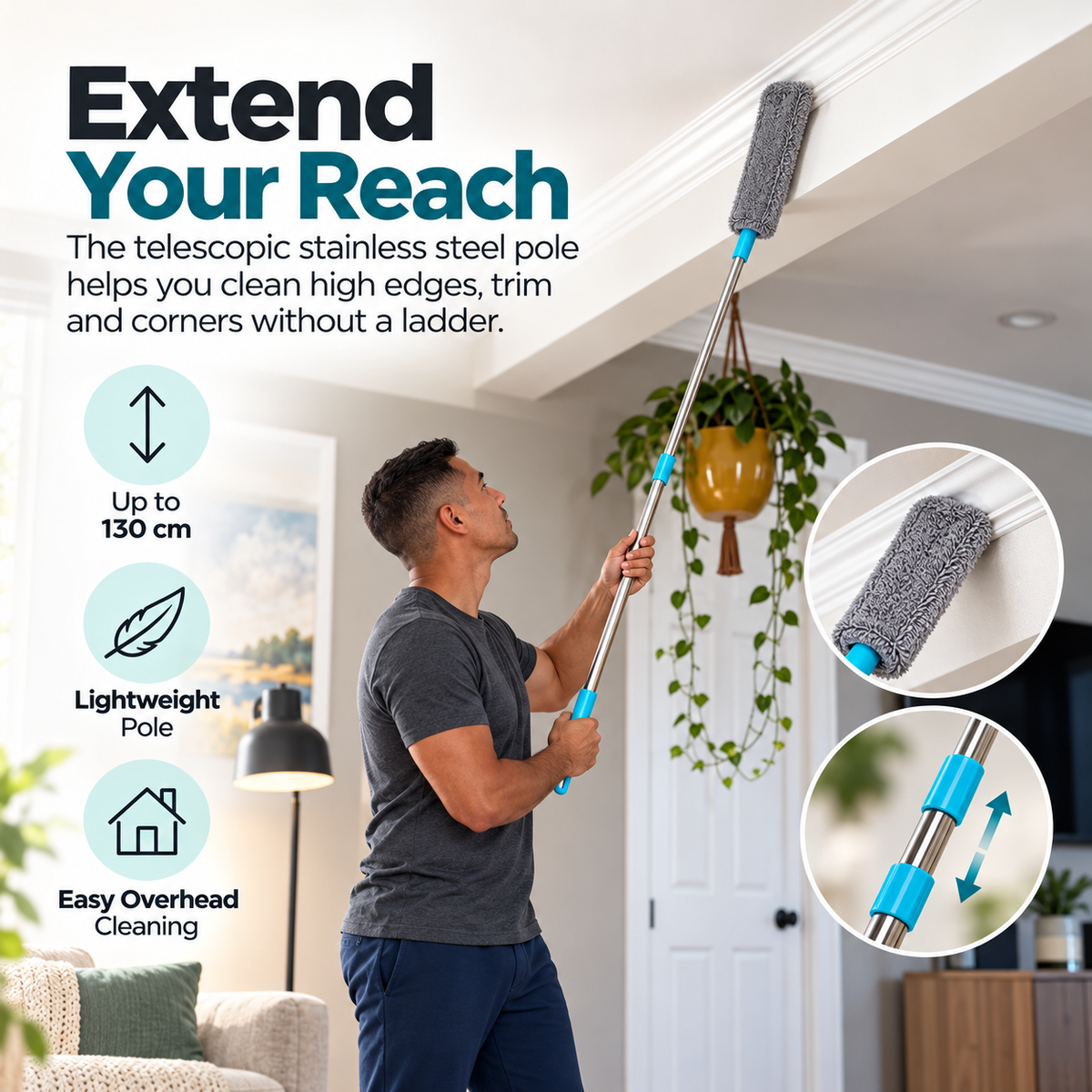 130 cm telescopic microfiber duster reaching high ceiling trim