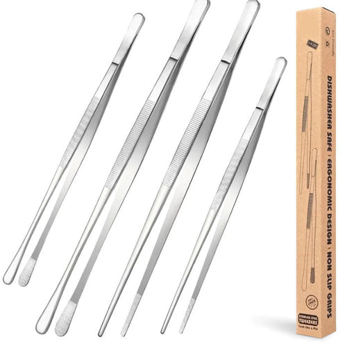 4 Pcs Fine Long Tweezer Tongs Professional Black Set,12'' and 10'' Stainless Steel for Kitchen Utensils , Food, Cooking, Repairing, Sea food and BBQ