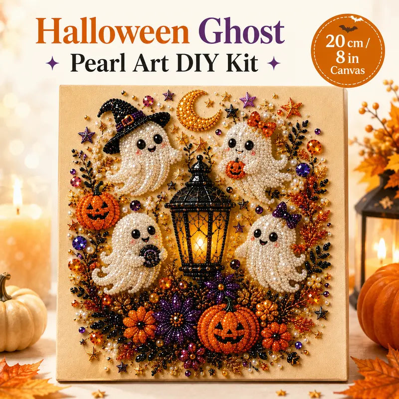 Spooky Cute Ghost Pearl Diamond Painting Kit – 8" x 8" Halloween DIY Wall Art & Craft Gift
