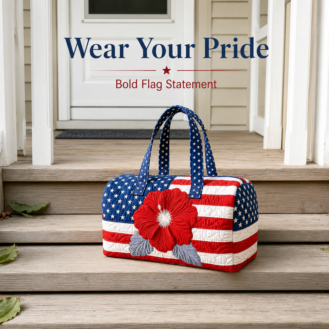 🔥Limited time 49% OFF 🇺🇸🧵 Handcrafted Patriotic Quilted Tote Bag – 3D Floral American Flag Travel Duffel