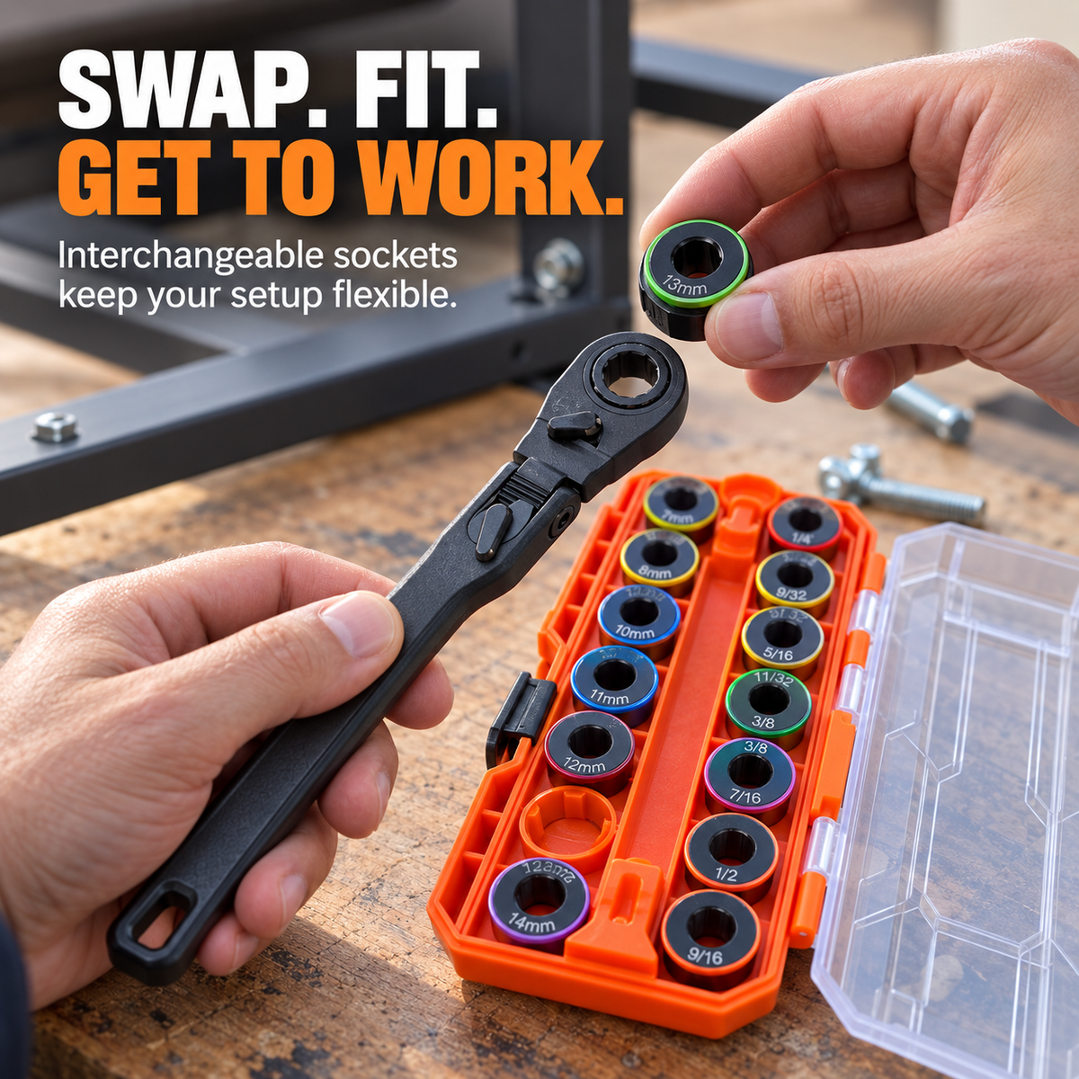 Hands fitting a color-ringed interchangeable pass-through socket into the ratchet head above the orange case