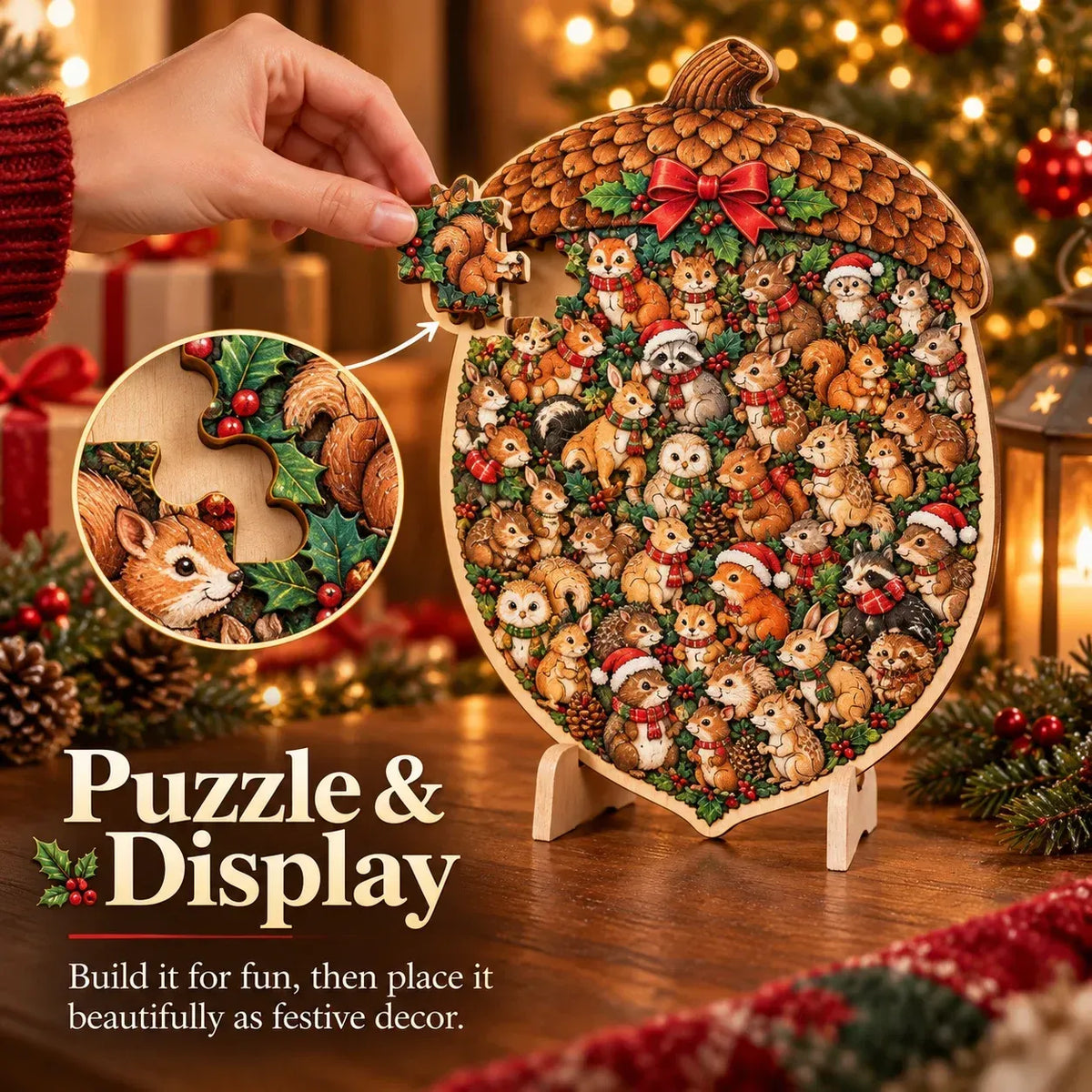 Wooden Christmas puzzle being assembled and displayed on matching stand