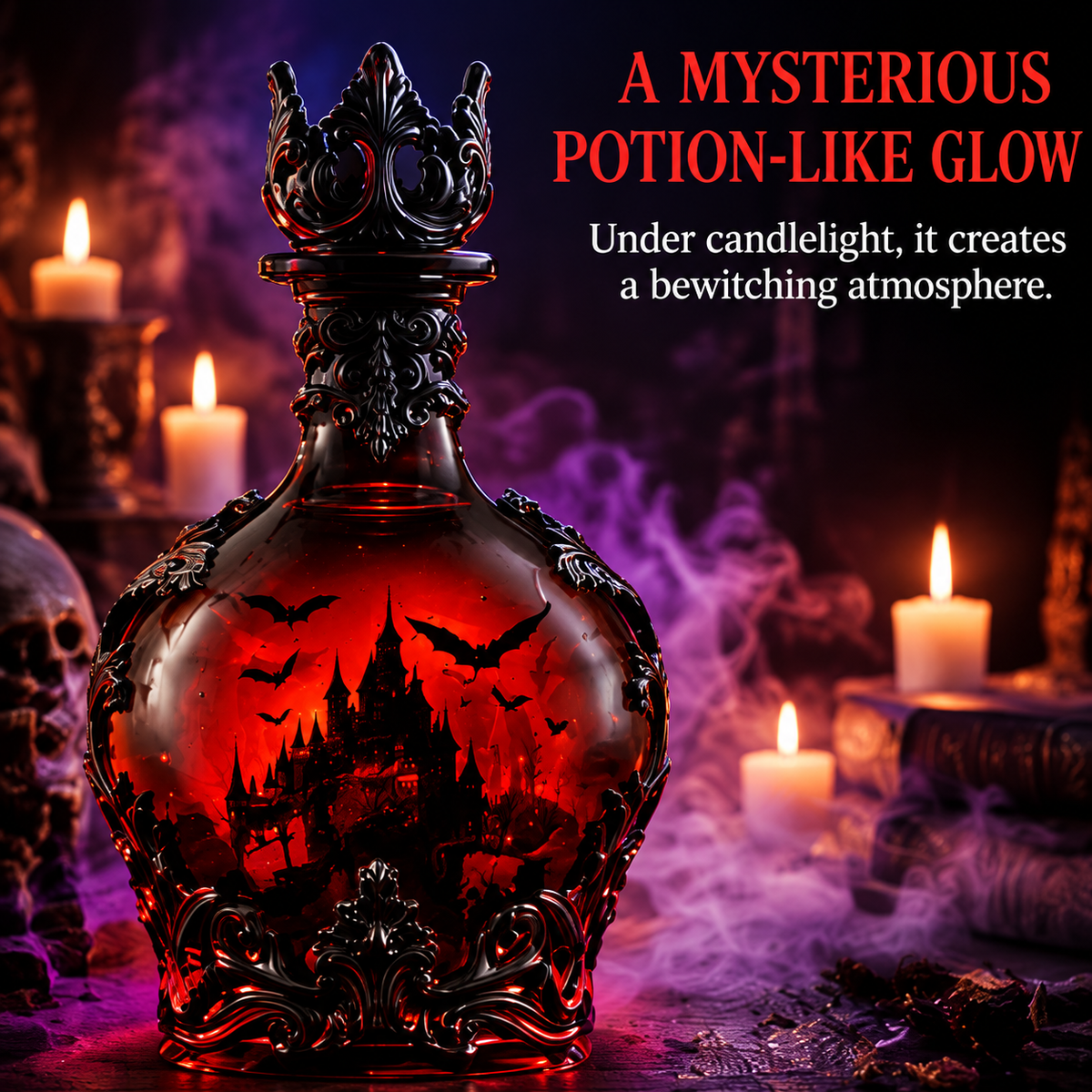Halloween potion bottle glowing in candlelight with haunted castle scene