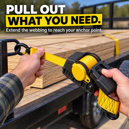 🪝🚚 Retractable Ratchet Tie-Down Strap – Auto-Rewind Webbing & Dual Hooks for Cargo, Trailers & Outdoor Gear
