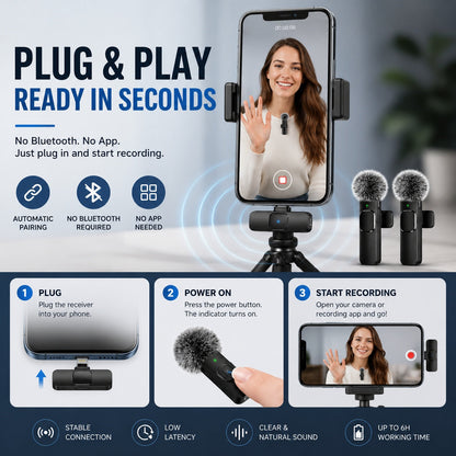 2 Pcs Wireless Lavalier Microphone for iPhone & Android | Plug & Play Dual Mic