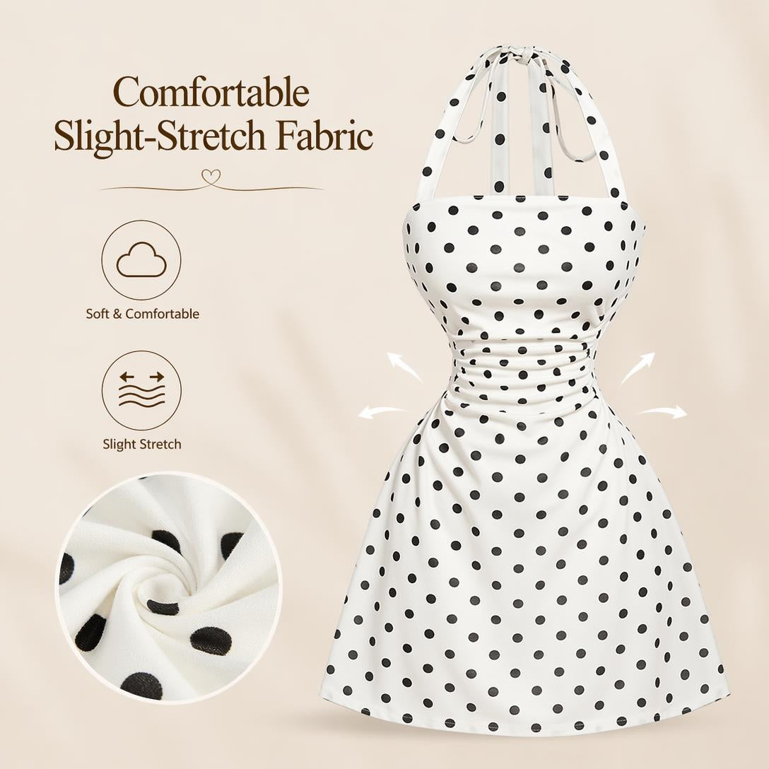 👗Women's Ruched Tie Back Halter Neck A-Line Mini Dress – Sleeveless Casual Summer Dress